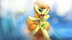 Size: 1960x1080 | Tagged: safe, artist:dshou, character:carrot top, character:golden harvest, species:earth pony, species:pony, bipedal, female, hoof on chest, looking at you, mare, ocean, open mouth, solo, surfboard, surfing
