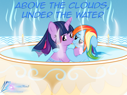 Size: 1032x774 | Tagged: safe, artist:nightmaremoons, character:rainbow dash, character:twilight sparkle, ship:twidash, candle, female, lesbian, shipping, soap, spa, steam, water