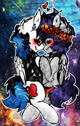 Size: 632x990 | Tagged: safe, artist:iroxykun, oc, oc only, oc:frozen soul, oc:sweater weather, species:pegasus, species:pony, blushing, clothing, eyes closed, floral head wreath, fluffy, gay, holding hooves, male, nuzzling, oc x oc, shipping, smiling, sweater