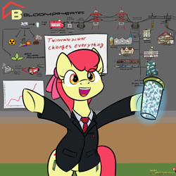 Size: 3000x3000 | Tagged: safe, artist:orang111, character:apple bloom, species:pony, episode:bloom and gloom, g4, my little pony: friendship is magic, badge, bipedal, boss, business, business suit, ceo, company, company logo, corporation, electricity, engine, engineering, gold tooth, graph paper, inventor, power line, siemens, train, twittermite