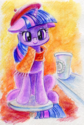 Size: 500x738 | Tagged: safe, artist:maytee, character:twilight sparkle, species:pony, adorkable, beret, c:, clothing, coffee, cute, dork, female, hipster, mare, scarf, sitting, smiling, solo, traditional art, twiabetes