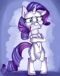 Size: 2405x3000 | Tagged: safe, artist:discorded, character:rarity, species:pony, species:unicorn, episode:make new friends but keep discord, g4, my little pony: friendship is magic, assisted exposure, belly button, blushing, clothing theft, covering, embarrassed, female, humiliation, mare, naked rarity, solo, we don't normally wear clothes
