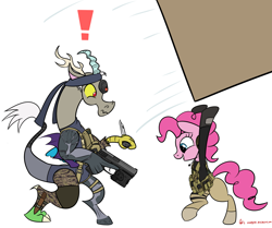Size: 4279x3569 | Tagged: safe, artist:orang111, character:discord, character:pinkie pie, episode:make new friends but keep discord, g4, my little pony: friendship is magic, gun, konami, metal gear, metal gear solid, mk.23 mod 0, mk23, pmc, solid snake, trigger discipline, usp, weapon