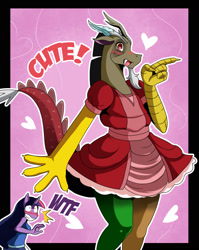 Size: 1369x1722 | Tagged: safe, artist:ss2sonic, character:discord, character:twilight sparkle, character:twilight sparkle (unicorn), species:anthro, species:draconequus, species:pony, species:unicorn, blushing, crossdressing, cute, discute, female, male