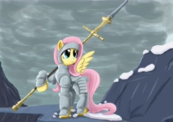 Size: 4961x3508 | Tagged: safe, artist:otakuap, character:fluttershy, absurd resolution, armor, crossover, dark souls, fantasy class, female, knight, looking up, raised hoof, solo, spear, spread wings, warrior, weapon, wings