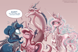 Size: 3600x2414 | Tagged: safe, artist:stepandy, character:discord, character:princess cadance, character:princess celestia, character:princess luna, species:draconequus, species:pony, ship:dislestia, alicorn triarchy, armpits, bedroom eyes, blushing, cute, cutedance, dialogue, discute, female, flower, frown, gasp, male, open mouth, princess of love, princess of shipping, raised hoof, realistic horse legs, scene parody, shipper on deck, shipping, shy, smiling, speech bubble, straight, surprised, unamused, unshorn fetlocks, wide eyes
