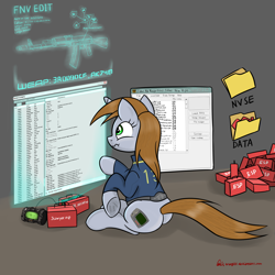 Size: 3000x3000 | Tagged: safe, artist:orang111, oc, oc only, oc:littlepip, species:pony, species:unicorn, fallout equestria, ak-74m, clothing, fallout, fanfic, fanfic art, female, fnvedit, gun, hologram, horn, mare, mod, pipbuck, scrunchy face, solo, vault suit, weapon