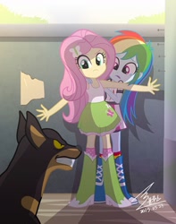 Size: 1200x1524 | Tagged: safe, artist:bluse, character:fluttershy, character:rainbow dash, species:dog, my little pony:equestria girls, clothing, crying, doberman, female, protecting, role reversal, scared, show accurate, skirt, tank top