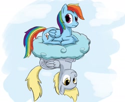 Size: 1320x1080 | Tagged: safe, artist:otakuap, character:derpy hooves, character:rainbow dash, species:pegasus, species:pony, cloud, cloudy, derpy doing derpy things, female, mare, o.o, ponyloaf, prone, upside down