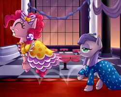 Size: 3000x2409 | Tagged: safe, artist:discorded, character:maud pie, character:pinkie pie, episode:make new friends but keep discord, g4, my little pony: friendship is magic, clothing, dress, gala, gala dress, happy, pronking