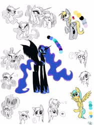 Size: 1200x1600 | Tagged: safe, artist:didun850, character:derpy hooves, character:nightmare moon, character:princess luna, character:sunshower raindrops, species:alicorn, species:pegasus, species:pony, :3, blushing, ethereal mane, eyes closed, female, galaxy mane, grin, heart, helmet, hoof shoes, mare, nightmare mlem, pictogram, question mark, scared, smiling, tongue out, white eyes