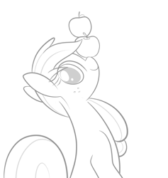 Size: 3136x3314 | Tagged: safe, artist:b-epon, character:applejack, apple, balancing, cute, female, grayscale, hatless, jackabetes, looking at you, missing accessory, monochrome, ponies balancing stuff on their nose, smiling, solo, that pony sure does love apples