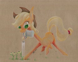 Size: 640x511 | Tagged: safe, artist:getchanoodlewet, character:applejack, female, flower, mouth hold, solo, traditional art, water, watering can