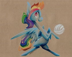Size: 640x513 | Tagged: safe, artist:getchanoodlewet, character:rainbow dash, species:pegasus, species:pony, ball, bipedal, female, headband, mare, open mouth, signature, simple background, solo, sports, traditional art, volleyball