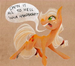 Size: 5862x5152 | Tagged: safe, artist:getchanoodlewet, character:applejack, absurd resolution, angry, dialogue, female, hatless, missing accessory, solo, traditional art, vulgar