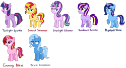 Size: 7920x4248 | Tagged: safe, artist:thecheeseburger, character:starlight glimmer, character:sunset shimmer, character:trixie, character:twilight sparkle, character:twilight sparkle (alicorn), oc, species:alicorn, species:pony, species:unicorn, :i, absurd resolution, counterparts, magical quartet, name, one of these things is not like the others, simple background, stellar similarities, transparent background, twilight's counterparts