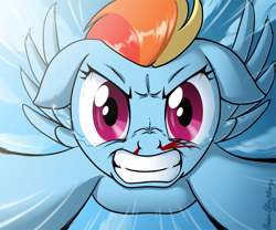 Size: 805x671 | Tagged: safe, artist:brianblackberry, character:rainbow dash, action pose, blood, female, flying, fourth wall, gritted teeth, looking at you, nosebleed, solo
