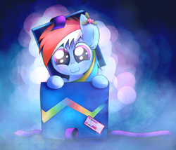 Size: 2800x2400 | Tagged: safe, artist:heavymetalbronyyeah, character:rainbow dash, species:pony, :3, abstract background, blushing, christmas, cute, dashabetes, female, high res, looking at you, mare, pony in a box, present, smiling, solo, wingless