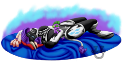Size: 1779x918 | Tagged: safe, artist:quakehoof, character:rarity, character:spike, species:anthro, species:cow, species:unguligrade anthro, black mageweave, clothing, on back, plushie, raricow, simple background, sleeping, species swap, stockings, tauren, warcraft, world of warcraft