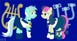 Size: 1576x843 | Tagged: safe, artist:phallen1, character:bon bon, character:lyra heartstrings, character:sweetie drops, species:earth pony, species:pony, species:unicorn, bon bon is not amused, clothing, cosplay, costume, duo, female, irrational exuberance, mare, sailor moon, sailor scout
