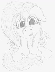Size: 1000x1325 | Tagged: safe, artist:bigmacintosh2000, character:fluttershy, cute, female, floppy ears, looking at you, looking up, monochrome, open mouth, shyabetes, sitting, smiling, solo, traditional art