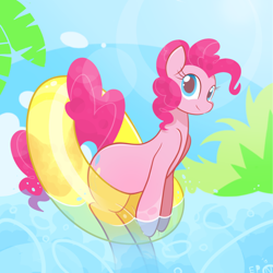 Size: 2000x2000 | Tagged: safe, artist:b-epon, character:pinkie pie, species:earth pony, species:pony, cute, diapinkes, excited, female, floaty, inflatable, inner tube, looking at you, mare, sitting, smiling, solo, summer, swimming, swimming pool, water, wet