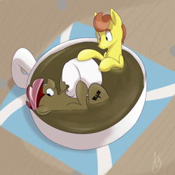 Size: 1280x1280 | Tagged: safe, artist:mrrowboat, oc, oc only, oc:campino, oc:tomson, species:pony, coffee mug, cup of pony, hot chocolate, male, marshmallow, micro, stallion, table