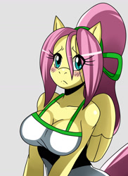 Size: 1244x1708 | Tagged: safe, artist:ss2sonic, character:fluttershy, species:anthro, species:pegasus, species:pony, arm boob squeeze, blushing, breasts, busty fluttershy, cleavage, female, mare, ponytail, simple background, solo