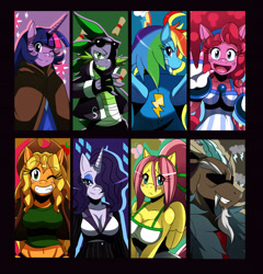 Size: 2695x2802 | Tagged: safe, artist:ss2sonic, character:applejack, character:discord, character:fluttershy, character:pinkie pie, character:rainbow dash, character:rarity, character:spike, character:twilight sparkle, character:twilight sparkle (alicorn), species:alicorn, species:anthro, species:pony, abs, afro, alternate hairstyle, applejacked, arm boob squeeze, blushing, breasts, busty applejack, busty fluttershy, busty pinkie pie, busty rarity, cleavage, cloak, clothing, female, mane seven, mane six, older, older spike, ponytail, sunglasses, wink