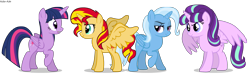 Size: 3000x900 | Tagged: safe, artist:asika-aida, character:starlight glimmer, character:sunset shimmer, character:trixie, character:twilight sparkle, character:twilight sparkle (alicorn), species:alicorn, species:pony, alicornified, bedroom eyes, counterparts, everyone is an alicorn, frown, magical quartet, open mouth, race swap, raised eyebrow, raised hoof, shimmercorn, smiling, smirk, spread wings, starlicorn, trixiecorn, twilight's counterparts, wide eyes, wings, xk-class end-of-the-world scenario