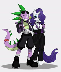 Size: 1598x1890 | Tagged: safe, artist:ss2sonic, character:rarity, character:spike, species:anthro, species:unguligrade anthro, ship:sparity, arm under breasts, breasts, cleavage, female, interspecies, male, shipping, straight, sunglasses