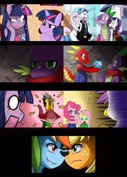 Size: 1960x2738 | Tagged: safe, artist:ss2sonic, character:applejack, character:discord, character:fancypants, character:fleur-de-lis, character:fluttershy, character:gilda, character:pinkie pie, character:rainbow dash, character:rarity, character:spike, character:twilight sparkle, oc, species:anthro, species:dragon, species:earth pony, species:griffon, species:pegasus, species:pony, species:unicorn, ship:fancyfleur, ship:sparity, bag, blushing, bow tie, clothing, crossdressing, crying, dress, eyes closed, female, heart, male, mane seven, mane six, melancholy of haruhi suzumiya, older, older spike, open mouth, parody, scarf, shipping, smiling, stare down, straight, surprised, the melancholy of haruhi-chan suzumiya, why discord why