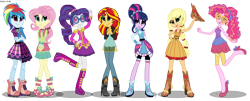 Size: 6084x2460 | Tagged: safe, artist:asika-aida, character:applejack, character:fluttershy, character:pinkie pie, character:rainbow dash, character:rarity, character:sunset shimmer, character:twilight sparkle, character:twilight sparkle (alicorn), species:alicorn, episode:friendship through the ages, equestria girls:rainbow rocks, g4, my little pony: equestria girls, my little pony:equestria girls, alternate mane seven, bare shoulders, country applejack, folk fluttershy, humane seven, mane six, new wave pinkie, rainbow punk, sgt. rarity, sleeveless, strapless