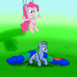 Size: 1152x1152 | Tagged: safe, artist:phallen1, character:pinkie pie, oc, oc:software patch, parachute, skydiving