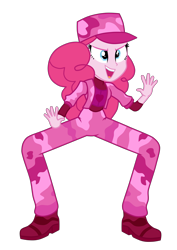 Size: 4500x6354 | Tagged: safe, artist:mixiepie, character:pinkie pie, episode:pinkie spy, equestria girls:friendship games, g4, my little pony: equestria girls, my little pony:equestria girls, absurd resolution, camouflage, clothing, crouching, female, open mouth, pink, shoes, simple background, solo, transparent background, uniform, vector
