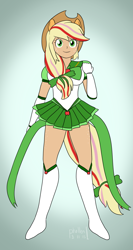 Size: 1033x1945 | Tagged: safe, artist:phallen1, character:applejack, species:human, 30 minute art challenge, female, humanized, rainbow power, sailor moon, sailor scout, solo, tailed humanization