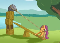 Size: 2892x2077 | Tagged: safe, artist:otakuap, character:scootaloo, species:pegasus, species:pony, crate, female, high res, pond, rock, rope, scootaloo can't fly, seesaw, solo, this will end in tears, water