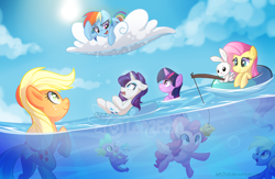 Size: 3784x2468 | Tagged: safe, artist:drawntildawn, character:angel bunny, character:applejack, character:derpy hooves, character:fluttershy, character:pinkie pie, character:rainbow dash, character:rarity, character:spike, character:twilight sparkle, species:pegasus, species:pony, beach, cloud, cloudy, cute, female, fish, fishing, inner tube, looking up, mane seven, mane six, mare, muffin, on back, open mouth, prone, rain, raincloud, smiling, smirk, summer, sun, swimming, underwater, water, watermark