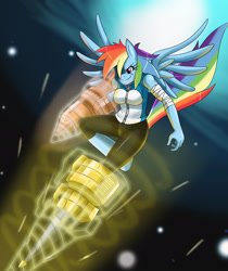 Size: 2215x2634 | Tagged: safe, artist:ss2sonic, character:rainbow dash, species:anthro, species:unguligrade anthro, bandage, clothing, commission, compression shorts, crossover, drill, female, kamen rider, kamen rider fourze, pants, rider kick, solo