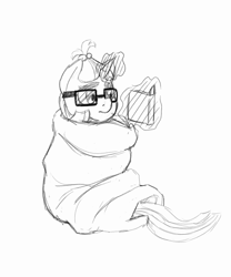 Size: 1197x1440 | Tagged: safe, artist:trickydick, character:moondancer, blanket, blanket burrito, book, cute, female, magic, monochrome, reading, sketch, solo