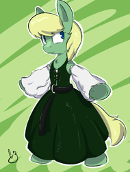 Size: 691x909 | Tagged: safe, artist:mrrowboat, oc, oc only, oc:bear trap, species:pony, bipedal, clothing, dress, female, irish, mare, solo, standing
