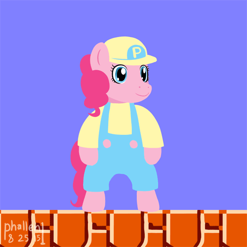 Size: 500x500 | Tagged: safe, artist:phallen1, character:pinkie pie, species:pony, newbie artist training grounds, animated, bipedal, clothing, female, frown, growth, muffin, parody, poison mushroom, power-up, shrinking, smiling, super mario bros., super mario bros.: the lost levels, super mushroom