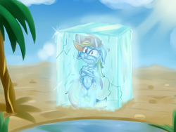 Size: 4000x3000 | Tagged: safe, artist:discorded, character:rainbow dash, species:pegasus, species:pony, absurd resolution, belly button, bipedal, bondage, cold, desert, encasement, female, floppy ears, fluffy, freezing, frown, frozen, ice, mare, oasis, palm tree, shivering, solo, sunglasses, too cool, tree, wavy mouth, wide eyes