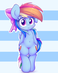 Size: 2400x3000 | Tagged: safe, artist:heavymetalbronyyeah, character:rainbow dash, species:pegasus, species:pony, abstract background, belly button, bipedal, both cutie marks, bow, chest fluff, cute, dashabetes, dawwww, featureless crotch, female, girly, hair bow, hnnng, looking at you, ribbon, semi-anthro, solo, tomboy taming, weapons-grade cute