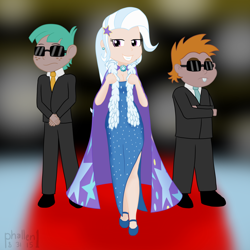 Size: 1500x1500 | Tagged: safe, artist:phallen1, character:snails, character:snips, character:trixie, species:human, newbie artist training grounds, bodyguard, breasts, cape, carpet, cleavage, clothing, dress, feather boa, female, humanized, light skin, red carpet, suit, sunglasses, trixie's fans