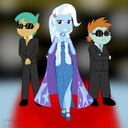 Size: 1500x1500 | Tagged: safe, artist:phallen1, character:snails, character:snips, character:trixie, newbie artist training grounds, my little pony:equestria girls, bodyguard, breasts, cape, carpet, cleavage, clothing, dress, earring, feather boa, female, piercing, red carpet, suit, sunglasses, trixie's fans