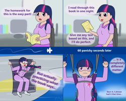 Size: 1604x1298 | Tagged: safe, artist:phallen1, character:twilight sparkle, species:human, newbie artist training grounds, air ponyville, alternate hairstyle, book, braid, clothing, comic, goggles, humanized, jumpsuit, parachute, plane, skydiving