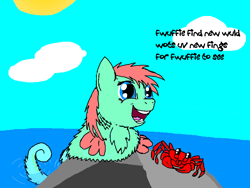 Size: 800x600 | Tagged: safe, artist:fluffsplosion, species:crab, species:sea pony, cloud, cloudy, fluffy pony, fluffy pony original art, open mouth, rock, smiling, solo, sun