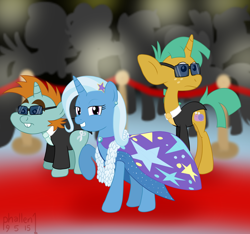 Size: 1600x1500 | Tagged: safe, artist:phallen1, character:snails, character:snips, character:trixie, species:pony, species:unicorn, newbie artist training grounds, bodyguard, cape, carpet, clothing, dress, earring, feather boa, female, mare, piercing, red carpet, suit, sunglasses, trixie's fans