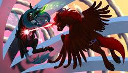 Size: 1200x680 | Tagged: safe, artist:foxenawolf, character:queen chrysalis, oc, oc:free agent, species:alicorn, species:changeling, species:pony, fanfic:a different perspective, beam, changeling queen, fanfic art, fight, flying, glare, glowing horn, gritted teeth, magic, magic blast, spread wings, underhoof, wings